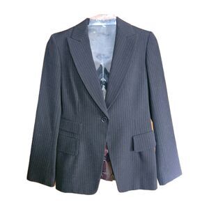 DKNY Womens Wool Blazer Jacket Size 2 Black Purple Pin Stripe Tailored Office